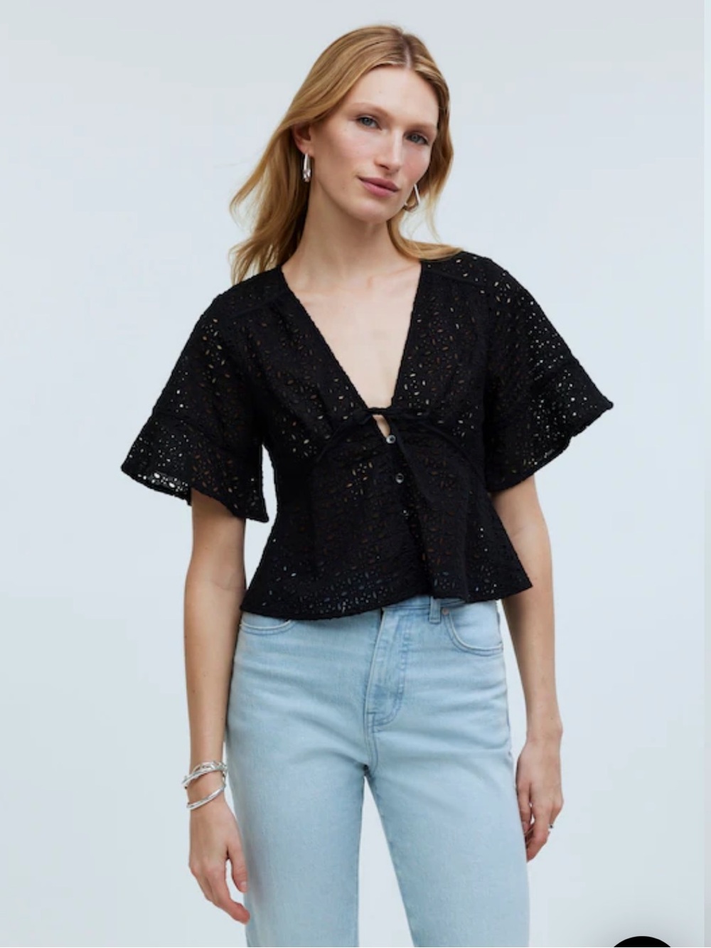 Madewell Black Eyelet V-Neck Tie-Front Blouse